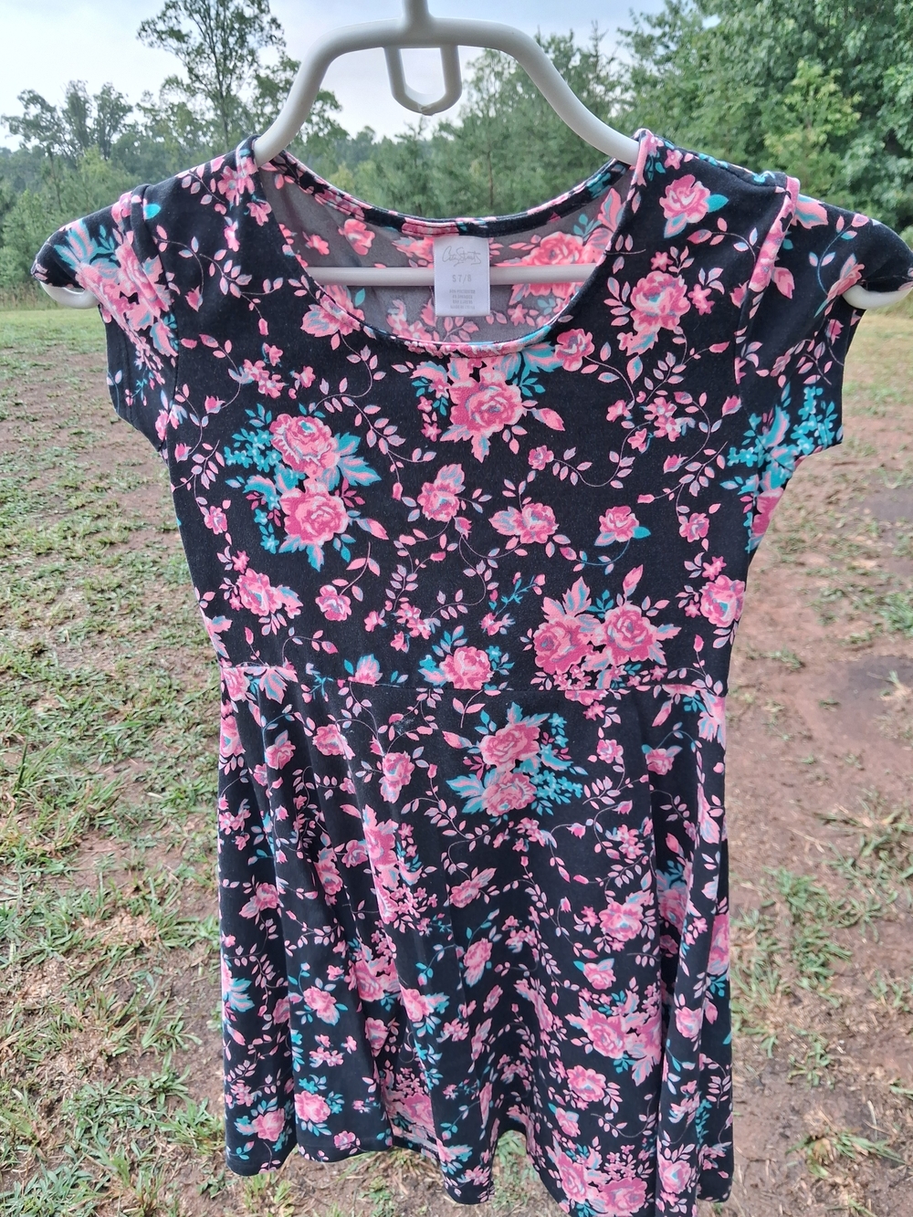 City Streets Black Floral Cap-Sleeve Dress with Pink Roses Girls Size S 7/8